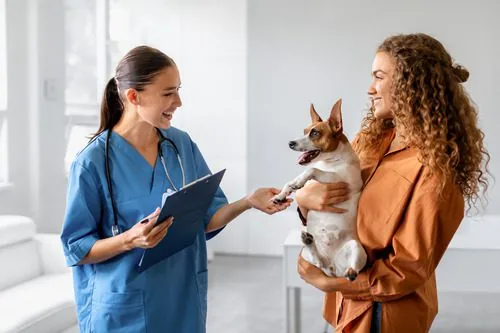 pet-owner-talking-to-vet-while-holding-dog
